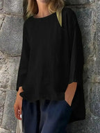 Women’s relaxed fit round neck blouse by Plush Fashion Hub, soft stretch casual shirt, full view of the comfortable, stylish blouse.