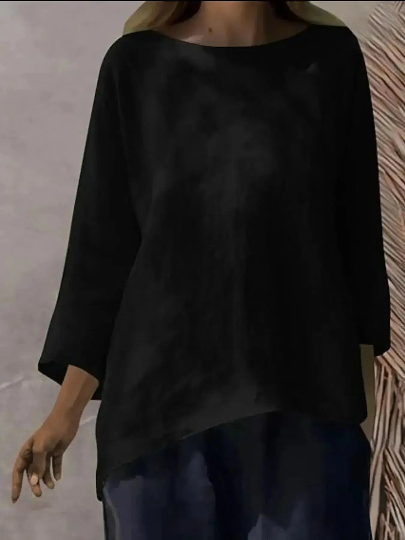 Women’s relaxed fit round neck blouse by Plush Fashion Hub, soft stretch casual shirt, full view showing comfortable fit and fabric.