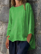 Plus size women's relaxed fit round neck blouse by Plush Fashion Hub, soft stretch casual shirt, full view.