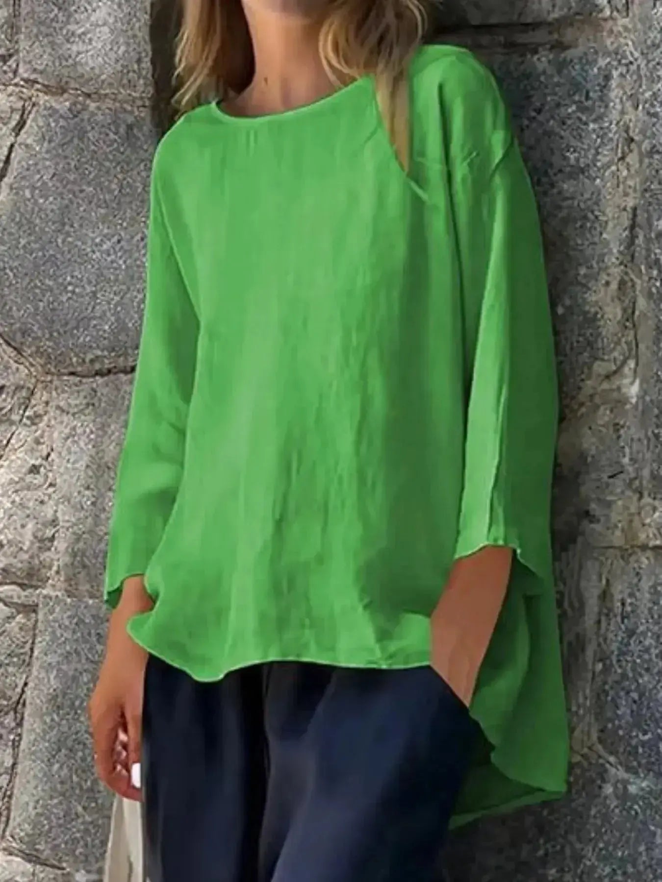 Plus size women's relaxed fit round neck blouse by Plush Fashion Hub, soft stretch casual shirt, full view.