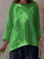 Women's relaxed fit round neck blouse by Plush Fashion Hub, soft stretch casual shirt, full view of the comfortable everyday shirt.