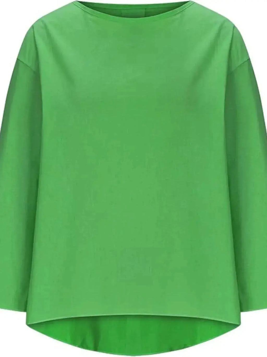 Women's relaxed fit round neck blouse from Plush Fashion Hub, soft stretch casual shirt, full view of comfortable everyday shirt.
