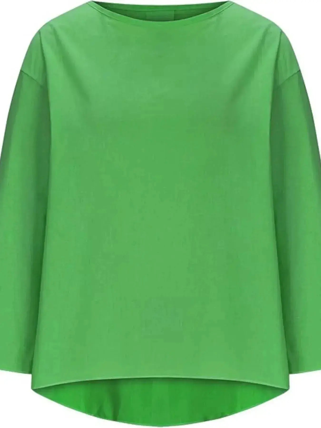 Women's relaxed fit round neck blouse from Plush Fashion Hub, soft stretch casual shirt, full view of comfortable everyday shirt.