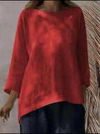 Women's relaxed fit round neck blouse by Plush Fashion Hub, soft stretch casual shirt, full view of the comfortable everyday shirt.