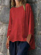 Plus size women's relaxed fit round neck blouse from Plush Fashion Hub, soft stretch casual shirt, full view of the stylish shirt.