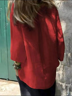 Women's relaxed fit round neck blouse by Plush Fashion Hub, soft stretch casual shirt, full view of the plus-size blouse.