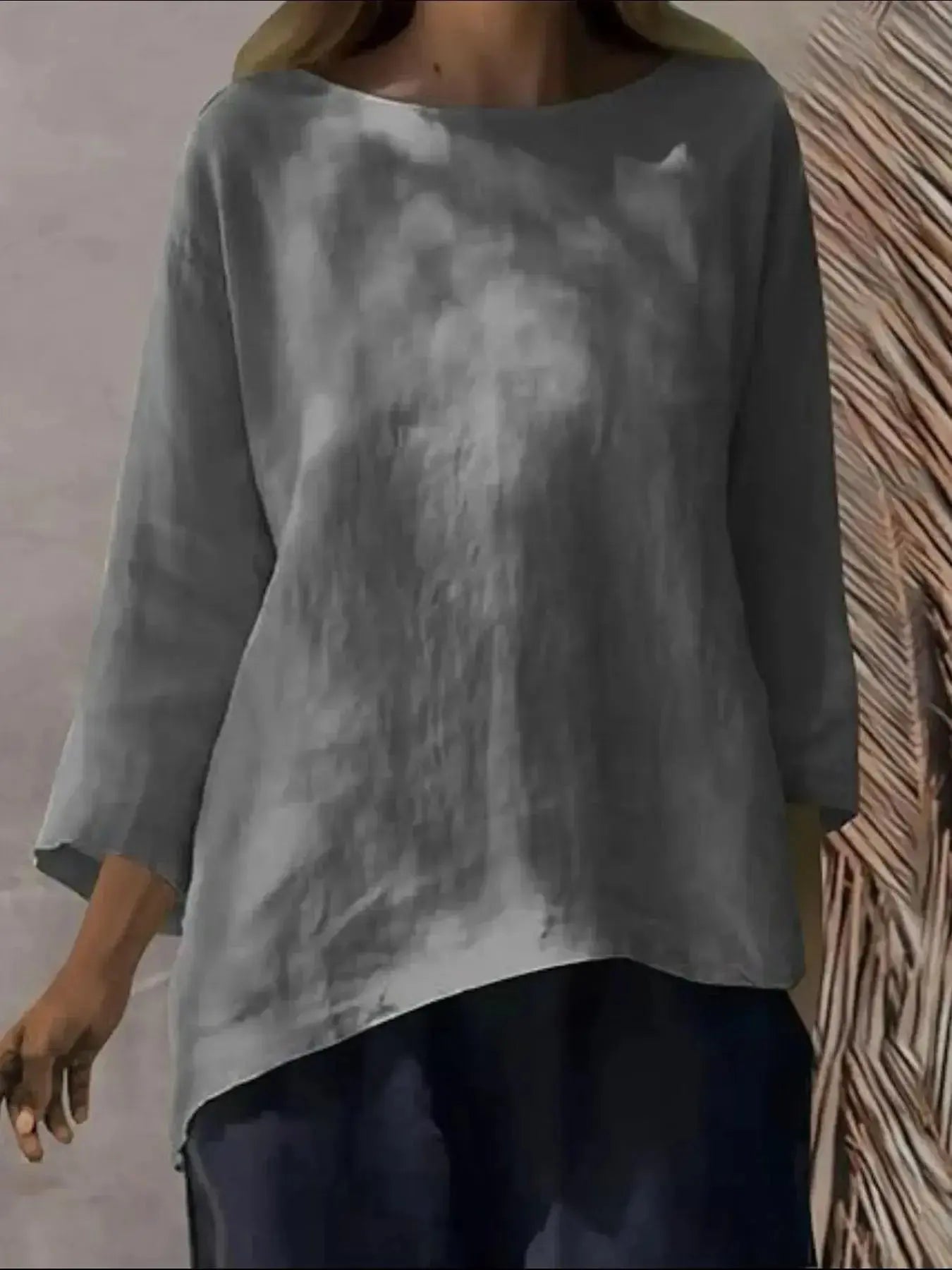 Relaxed fit women's round neck blouse from Plush Fashion Hub, soft stretch casual shirt, full view of the comfortable everyday shirt.