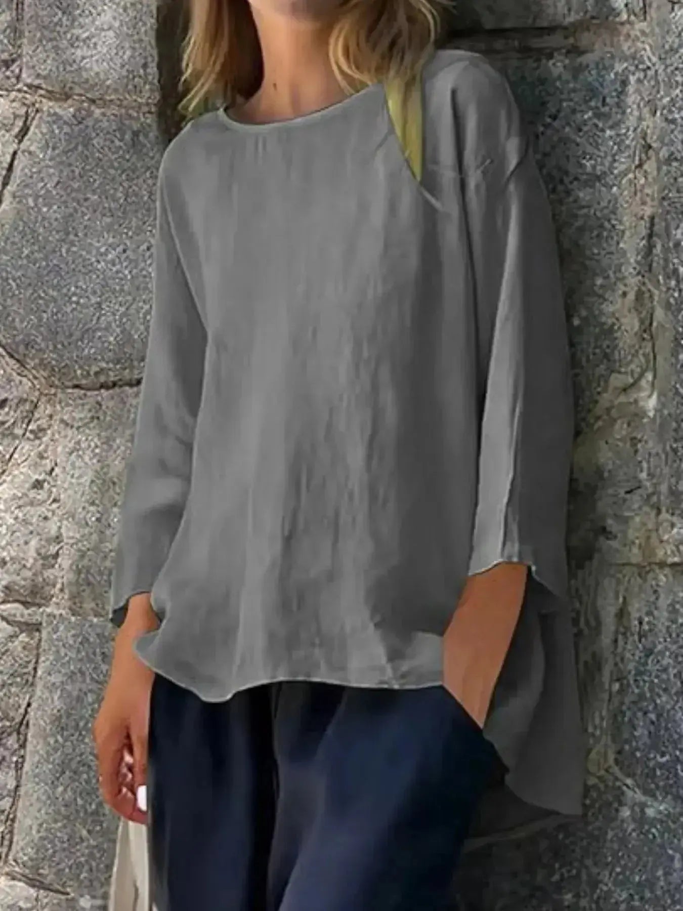 Plus size women's relaxed fit round neck blouse from Plush Fashion Hub, soft stretch casual shirt with a comfortable fit.