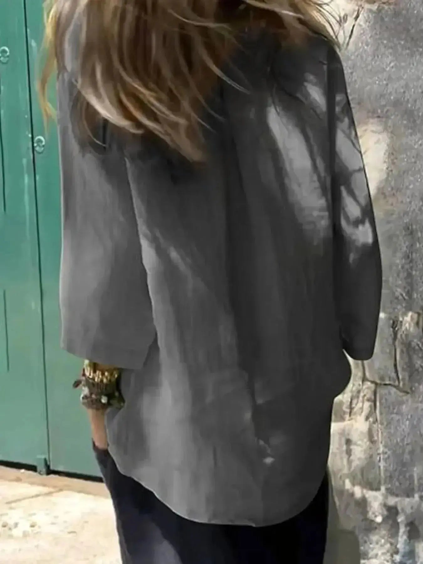 Plus size women's relaxed fit round neck blouse by Plush Fashion Hub, soft stretch casual shirt, full view of the relaxed-fit shirt.