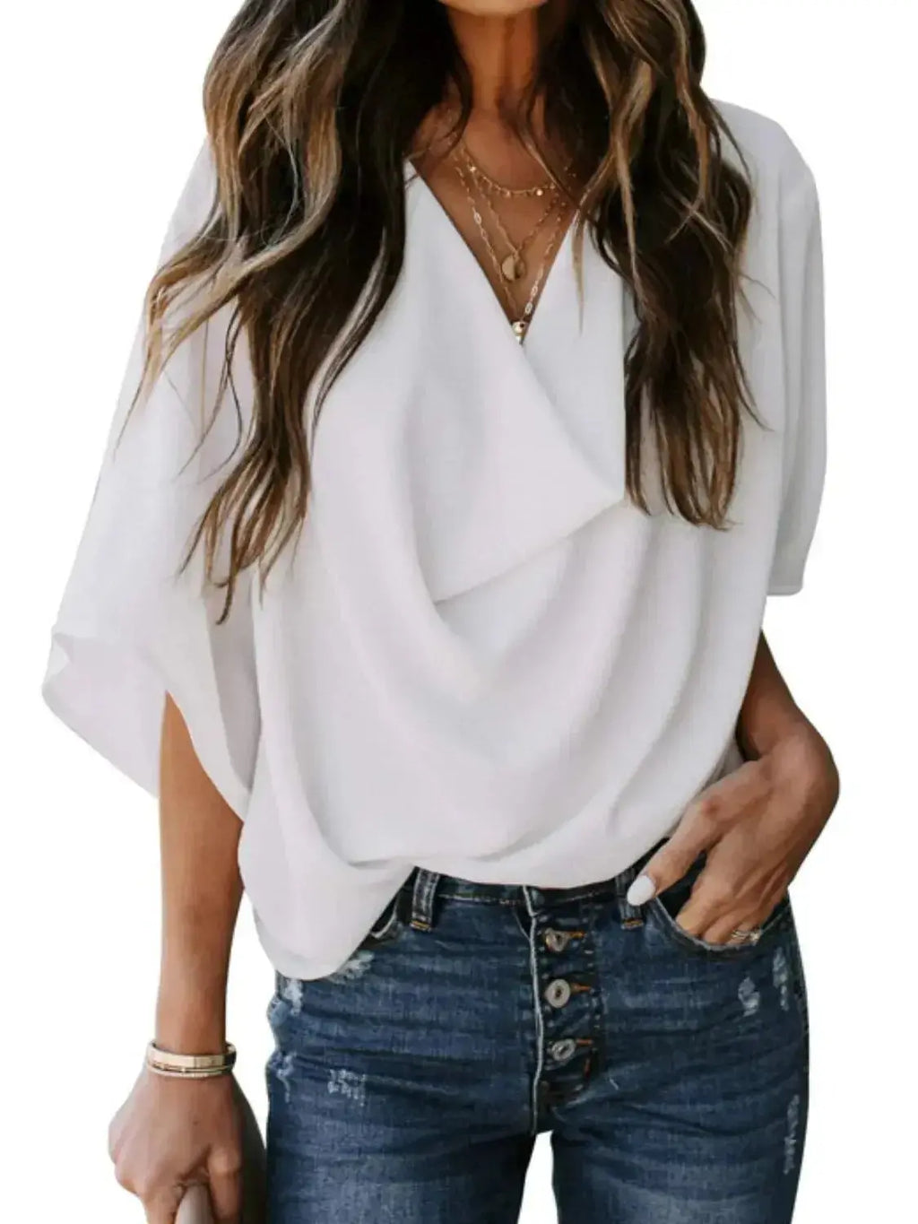 Plus size women's ruched three-quarter sleeve blouse from Plush Fashion Hub, elegant workwear shirt with a flattering fit.