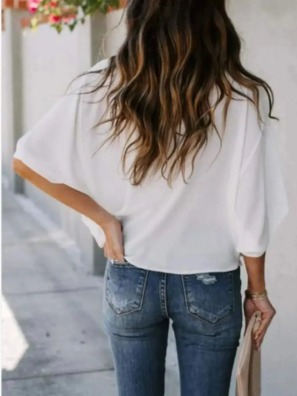 Plus size women's ruched three-quarter sleeve blouse from Plush Fashion Hub, elegant workwear shirt, shown in full view.