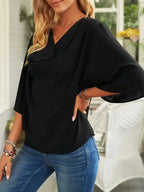 Plus size women's ruched three-quarter sleeve blouse from Plush Fashion Hub, elegant workwear shirt with a flattering fit.