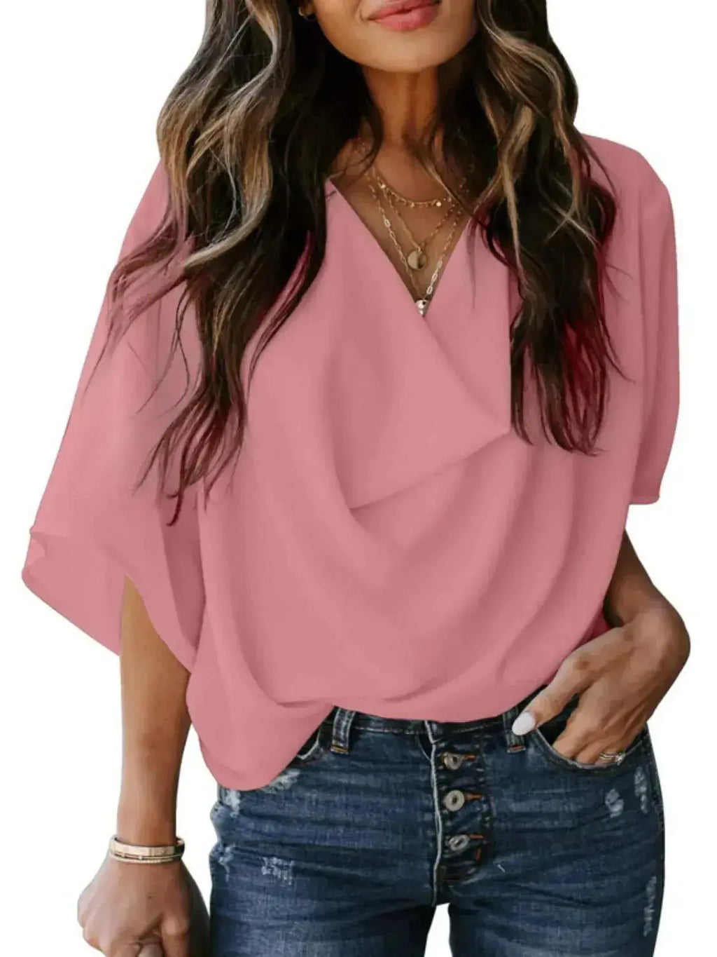 Plus size women's ruched three-quarter sleeve blouse by Plush Fashion Hub, elegant workwear shirt with a flattering fit.