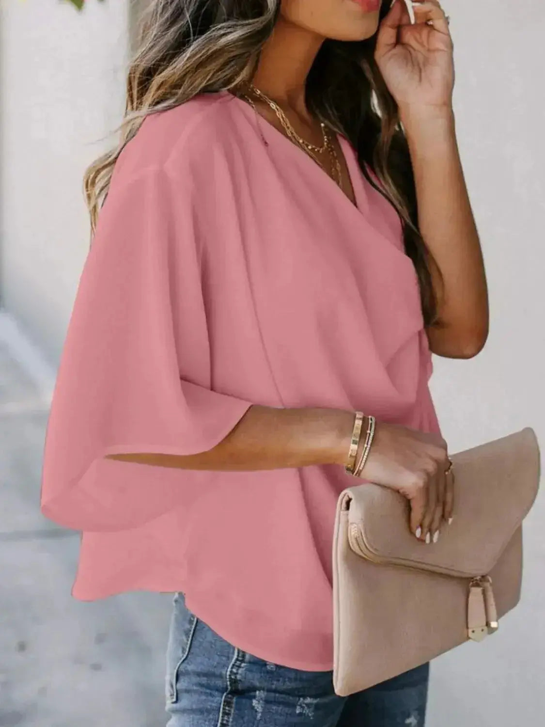 Plus size women's ruched three-quarter sleeve blouse by Plush Fashion Hub, elegant workwear shirt with flattering fit.