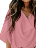 Plus size women's ruched three-quarter sleeve blouse by Plush Fashion Hub, elegant workwear shirt, full view of the stylish design.