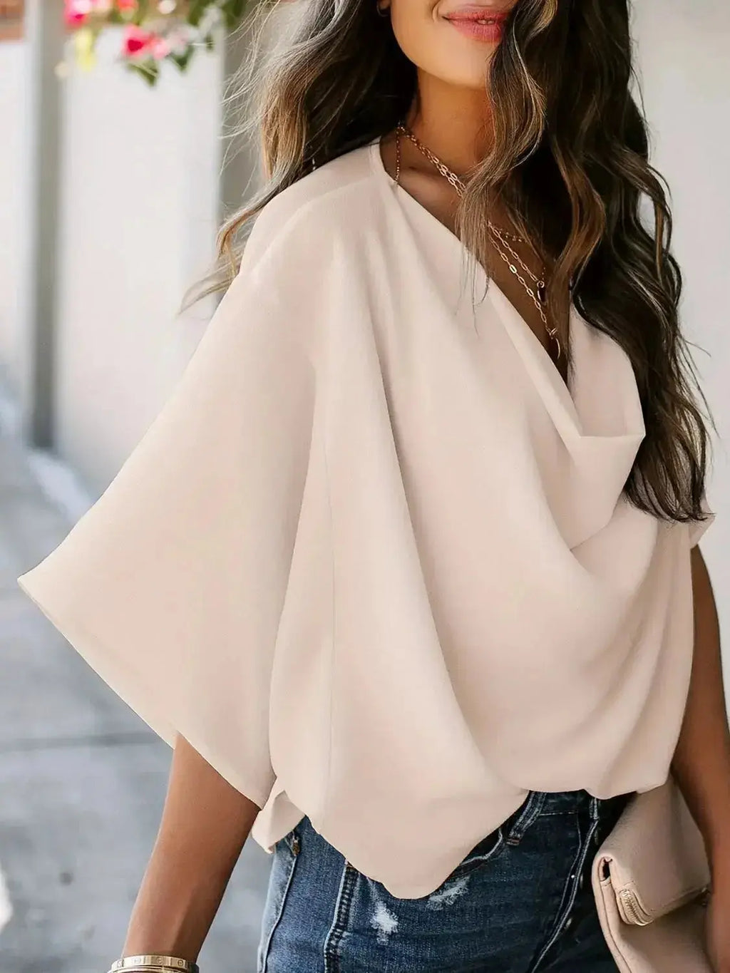 Plus size women's ruched three-quarter sleeve blouse from Plush Fashion Hub, elegant workwear shirt with flattering fit.