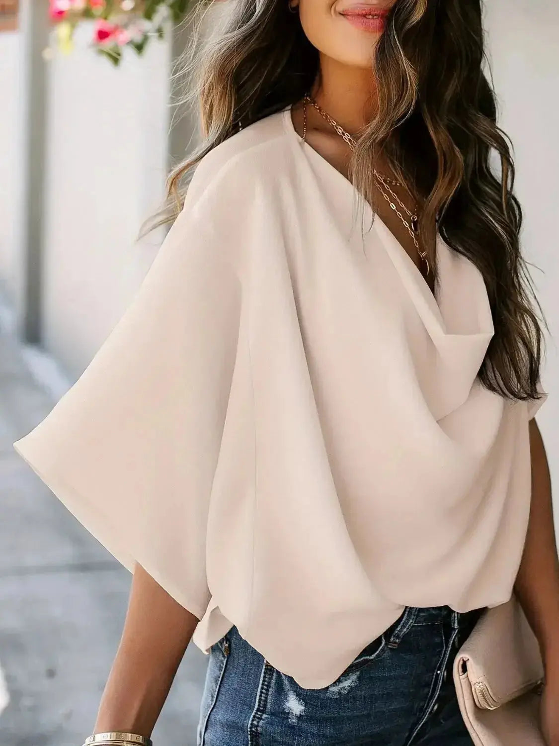 Plus size women's ruched three-quarter sleeve blouse from Plush Fashion Hub, elegant workwear shirt with flattering fit.
