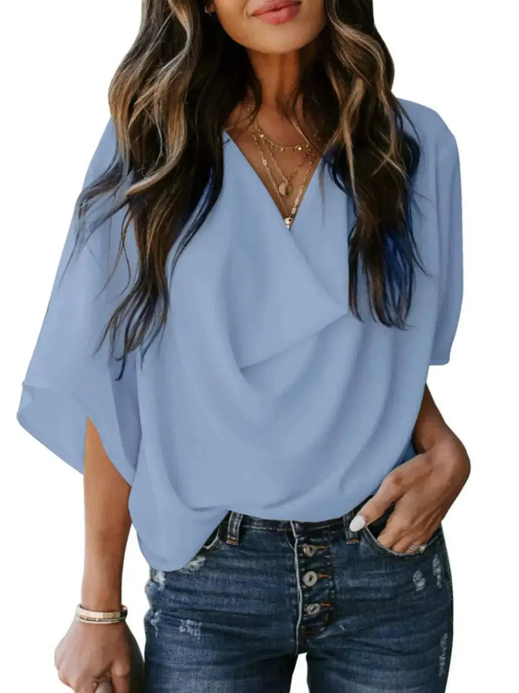 Plus size women's ruched three-quarter sleeve blouse by Plush Fashion Hub, elegant workwear shirt with a flattering fit.