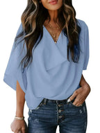 Plus size women's ruched three-quarter sleeve blouse by Plush Fashion Hub, elegant workwear shirt with a flattering fit.