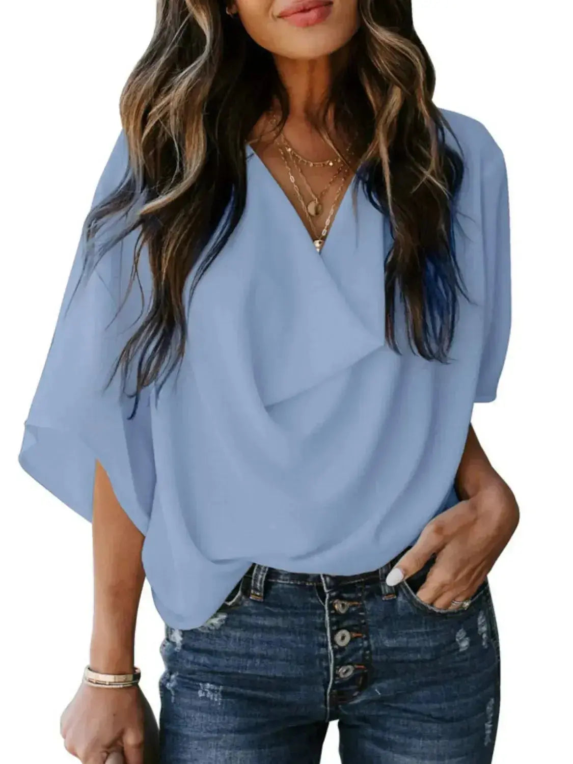 Plus size women's ruched three-quarter sleeve blouse by Plush Fashion Hub, elegant workwear shirt with a flattering fit.