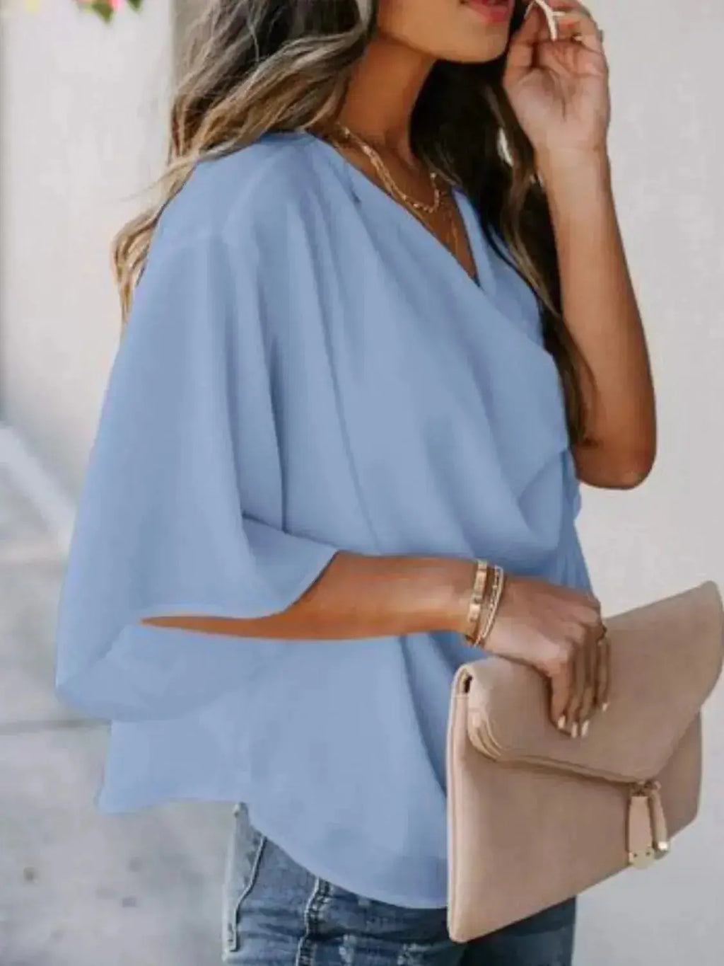 Plus size women's ruched three-quarter sleeve blouse from Plush Fashion Hub, elegant workwear shirt with flattering fit.