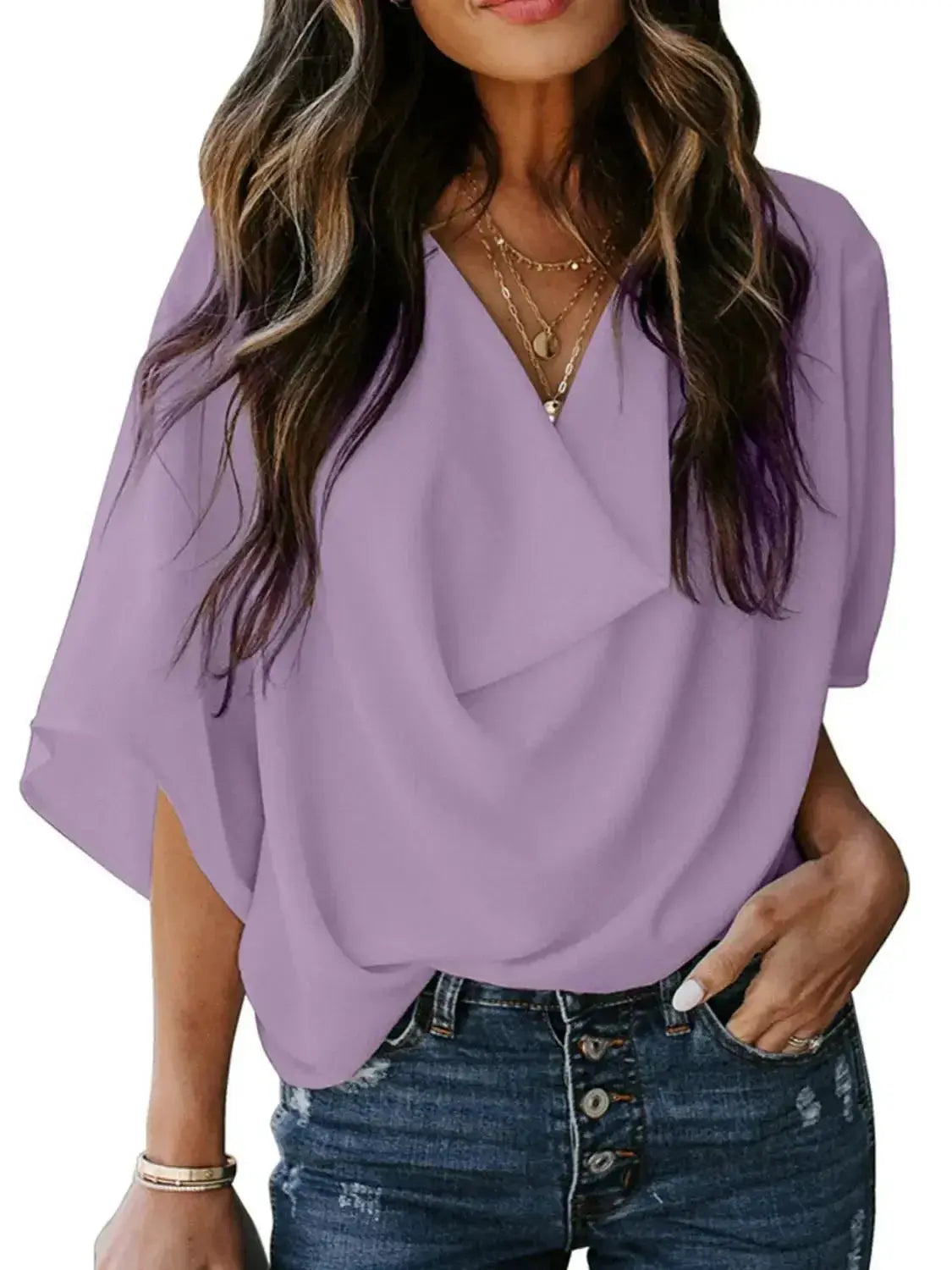 Plus size women's ruched three-quarter sleeve blouse by Plush Fashion Hub, elegant workwear shirt with flattering fit and stylish details.