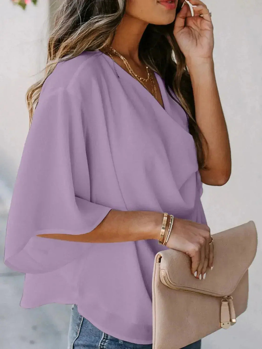 Plus size women's ruched three-quarter sleeve blouse from Plush Fashion Hub, featuring an elegant workwear shirt in a full-length view.