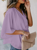 Plus size women's ruched three-quarter sleeve blouse from Plush Fashion Hub, featuring an elegant workwear shirt in a full-length view.