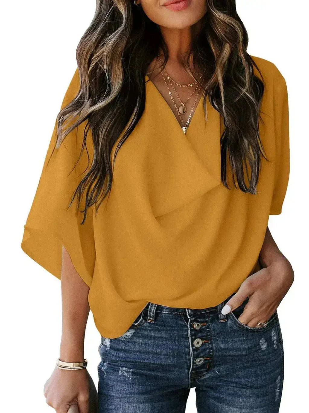Plus size women's ruched three-quarter sleeve blouse by Plush Fashion Hub, elegant workwear shirt with a flattering fit and stylish design.