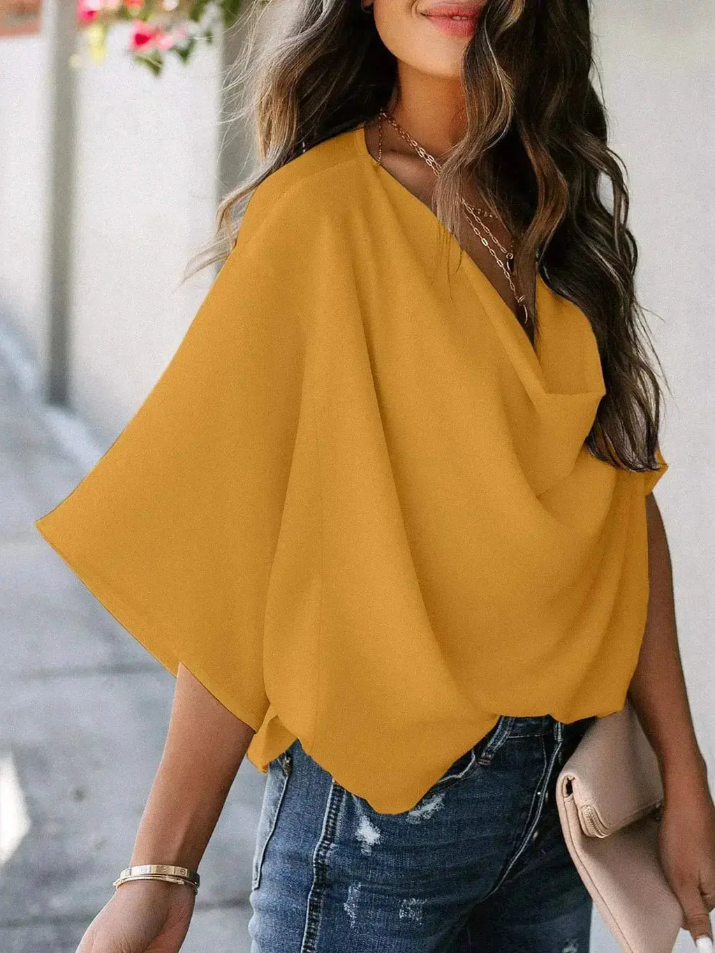 Plus size women's ruched three-quarter sleeve blouse from Plush Fashion Hub, elegant workwear shirt with flattering fit and comfortable fabric.