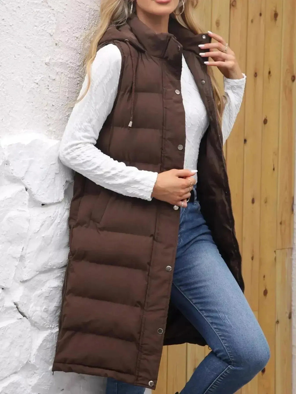 Plus size women's longline padded hooded vest by Plush Fashion Hub, lightweight sleeveless jacket with snap-down front.