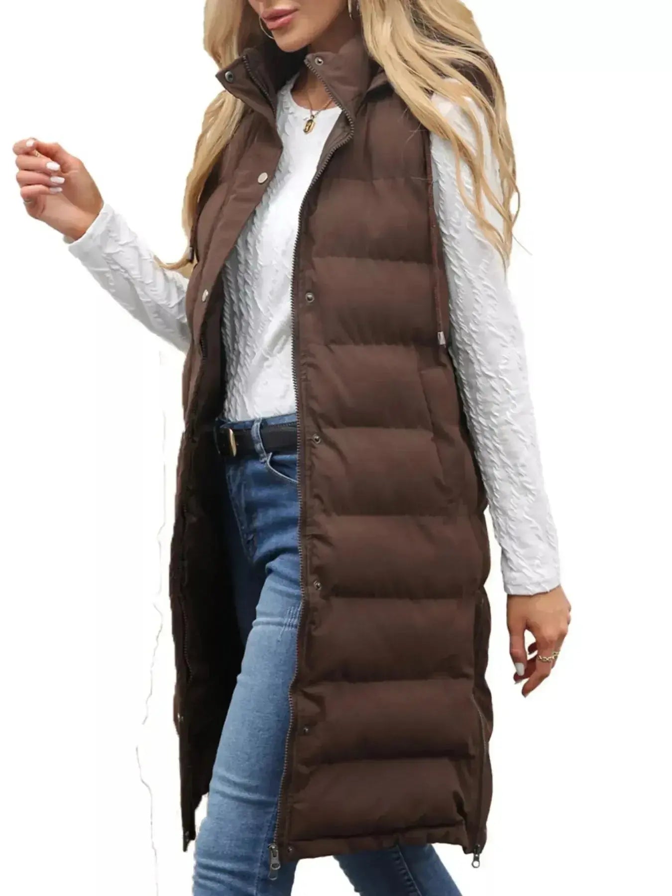 Plush Fashion Hub women's longline padded hooded vest, sleeveless lightweight jacket, full-length design with snap-down hood.