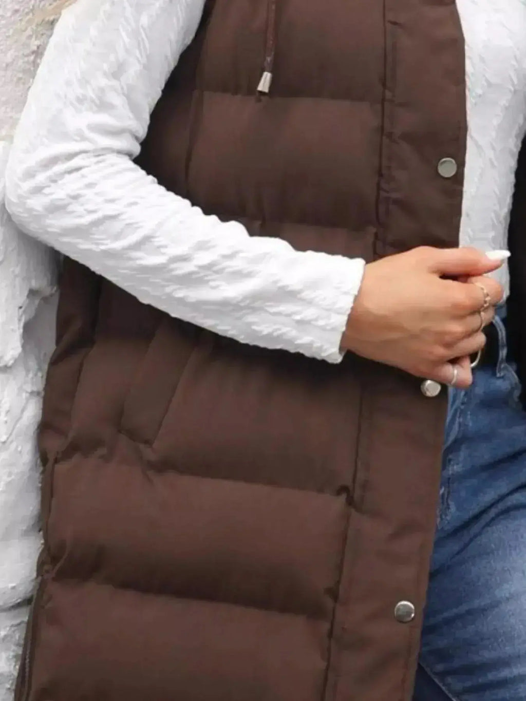 Plush Fashion Hub women's longline padded hooded vest, lightweight sleeveless jacket with snap-down front and full-length design.