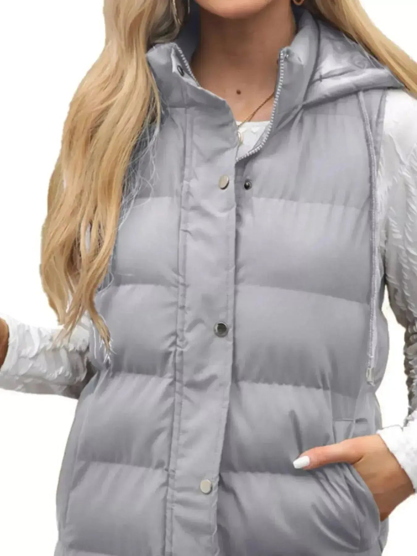 Women’s longline padded hooded vest by Plush Fashion Hub, lightweight sleeveless jacket with snap-down hood and cozy padded design.