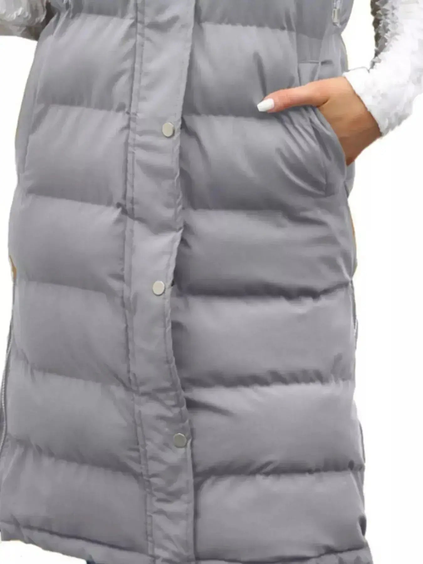 Women's longline padded hooded vest by Plush Fashion Hub, lightweight sleeveless jacket with snap-down front and cozy design.