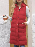 Longline women's padded hooded vest by Plush Fashion Hub, lightweight sleeveless jacket with snap-down hood and cozy padding.