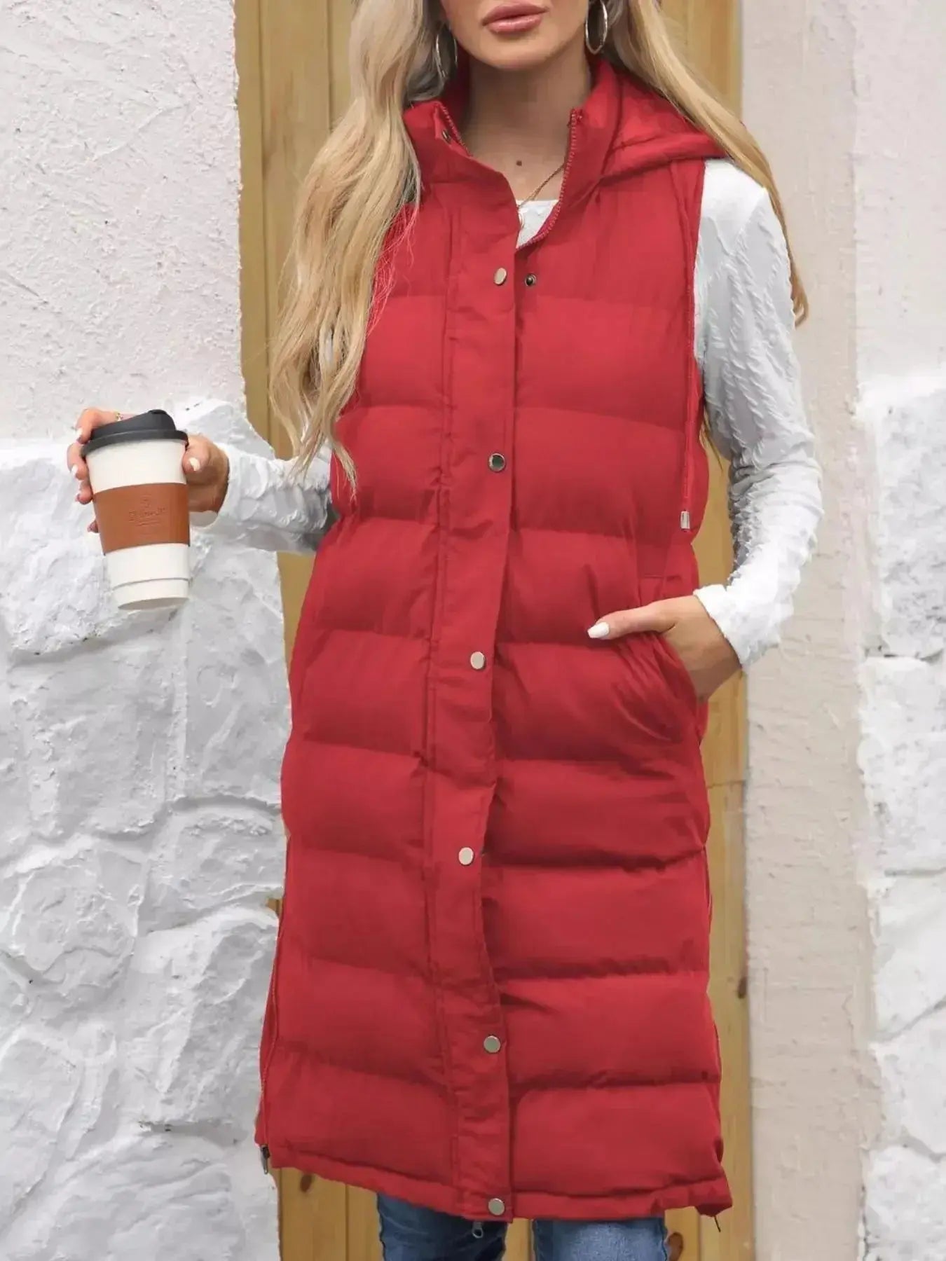 Longline women's padded hooded vest by Plush Fashion Hub, lightweight sleeveless jacket with snap-down hood and cozy padding.