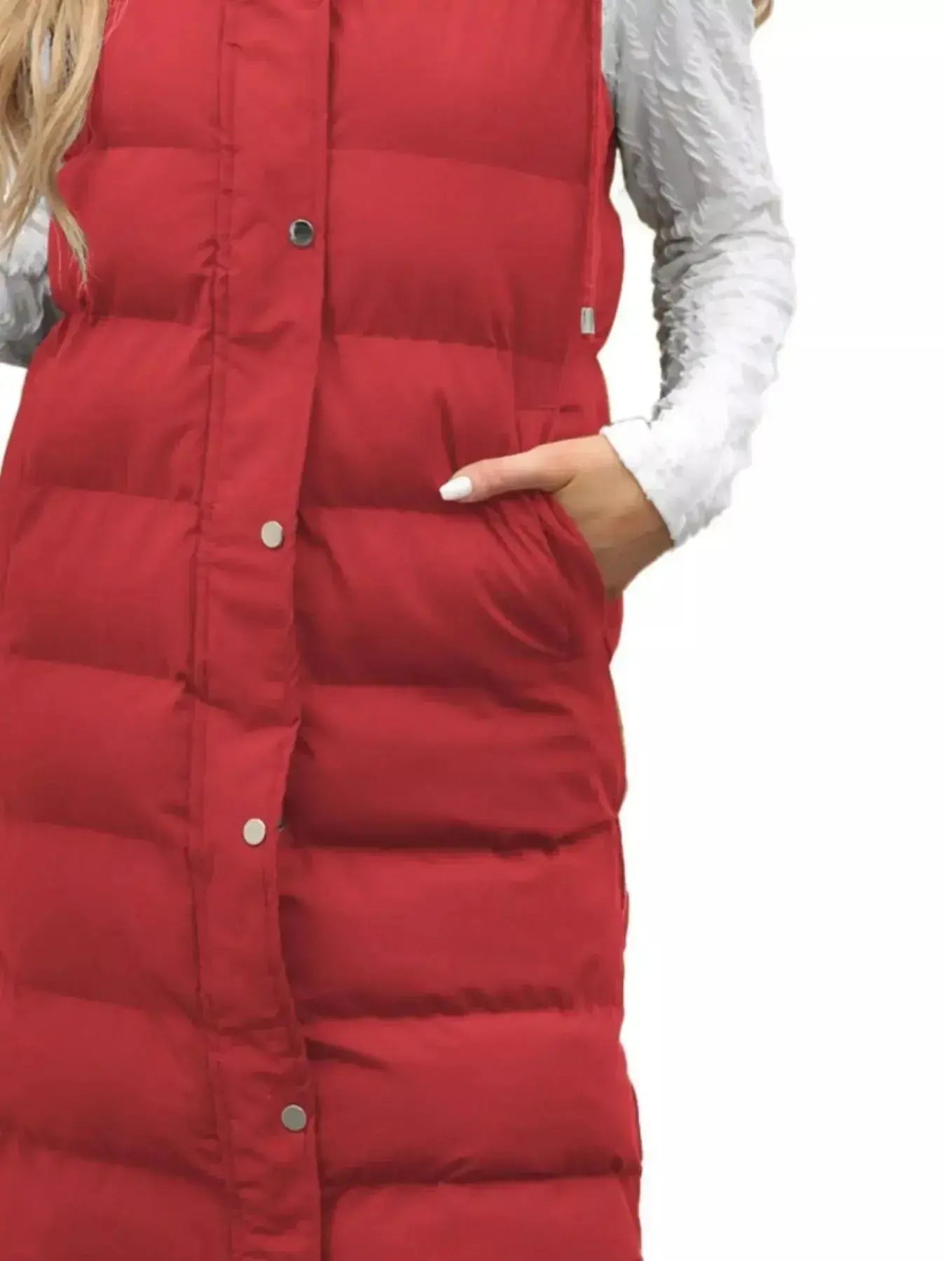 Plus size women's longline padded hooded vest by Plush Fashion Hub, lightweight sleeveless jacket with snap-down front.