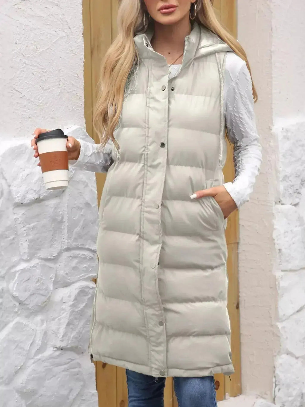 Plush Fashion Hub women's longline padded hooded vest, sleeveless lightweight jacket with snap-down front and cozy design.