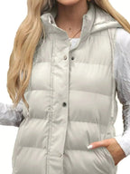 Plus size women's longline padded hooded vest by Plush Fashion Hub, lightweight sleeveless jacket with snap-down hood and cozy padding.