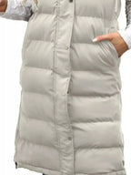 Plus-size women's longline padded hooded vest by Plush Fashion Hub, lightweight sleeveless jacket with snap-down hood and cozy insulation.