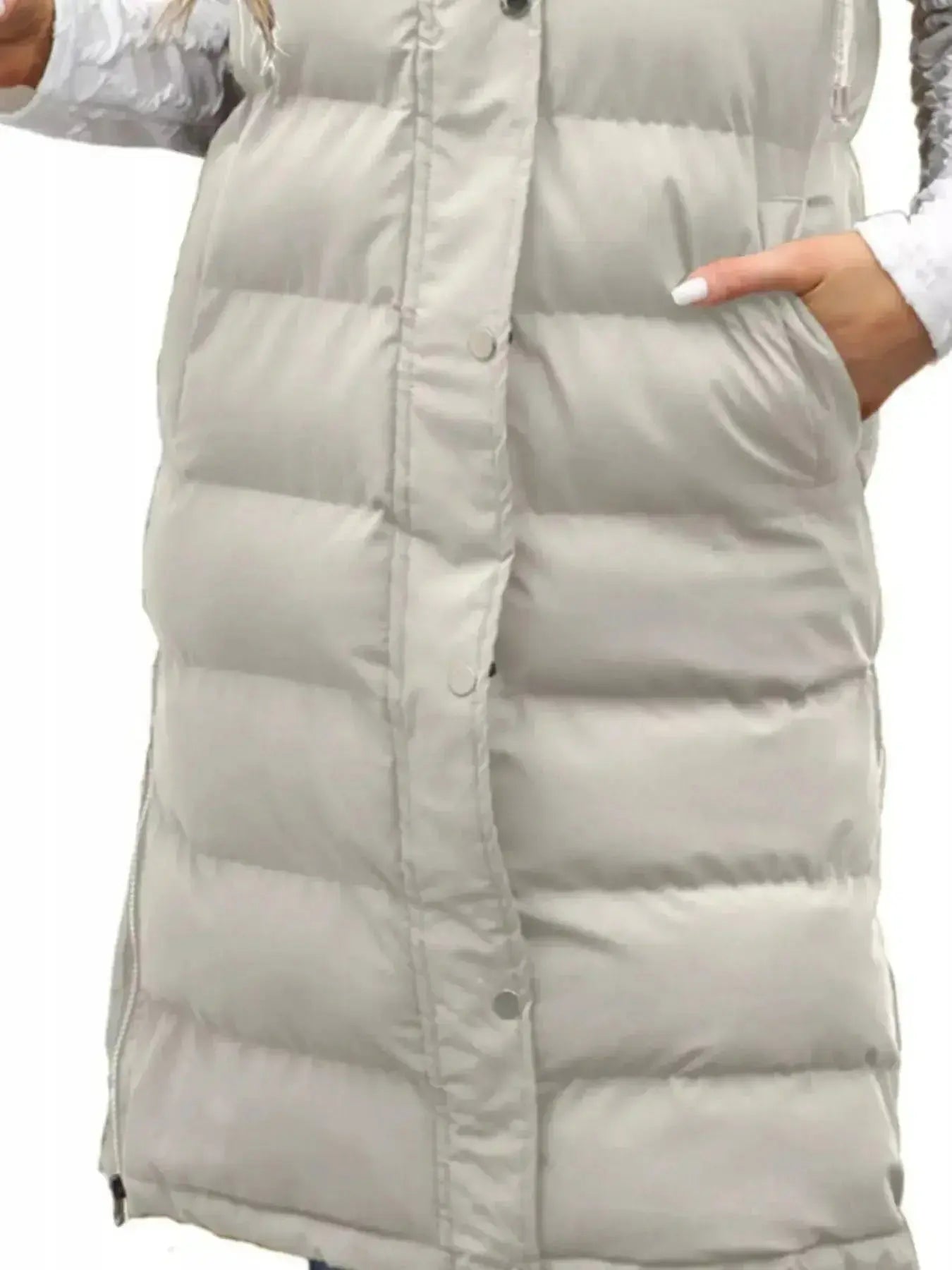 Plus-size women's longline padded hooded vest by Plush Fashion Hub, lightweight sleeveless jacket with snap-down hood and cozy insulation.
