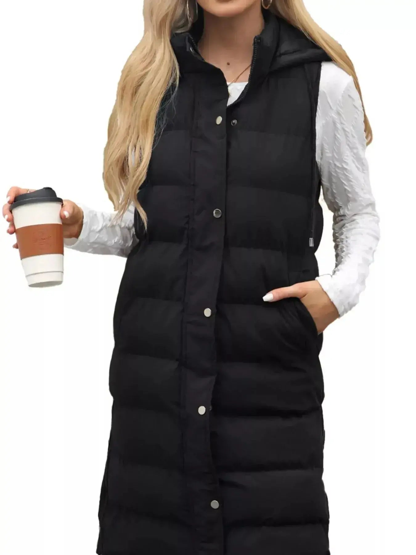Longline women's padded hooded vest by Plush Fashion Hub, lightweight sleeveless jacket with snap-down hood and cozy padding.