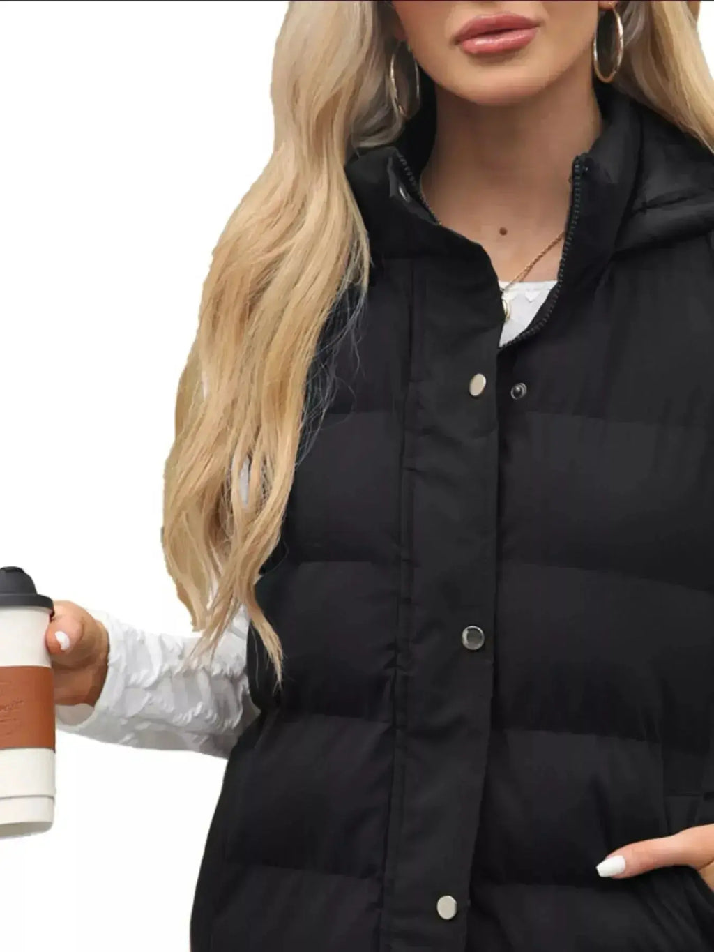 Women's longline padded hooded vest by Plush Fashion Hub, sleeveless lightweight jacket with snap-down hood and cozy padding.