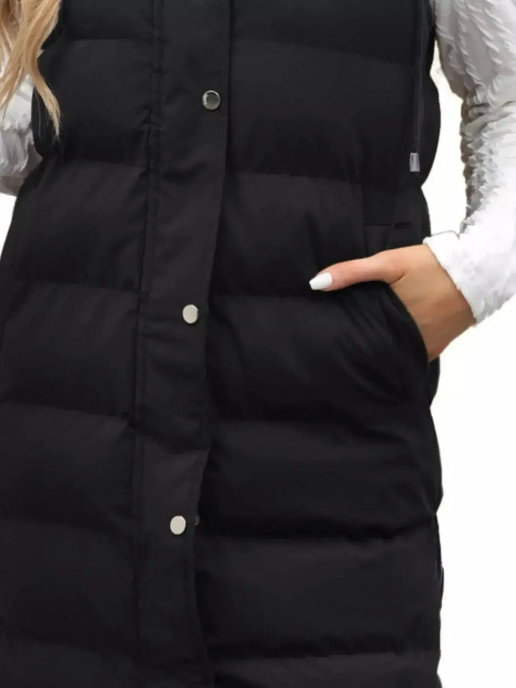 Women’s longline padded hooded vest by Plush Fashion Hub, lightweight sleeveless jacket, full-length, with snap-down front and cozy design.