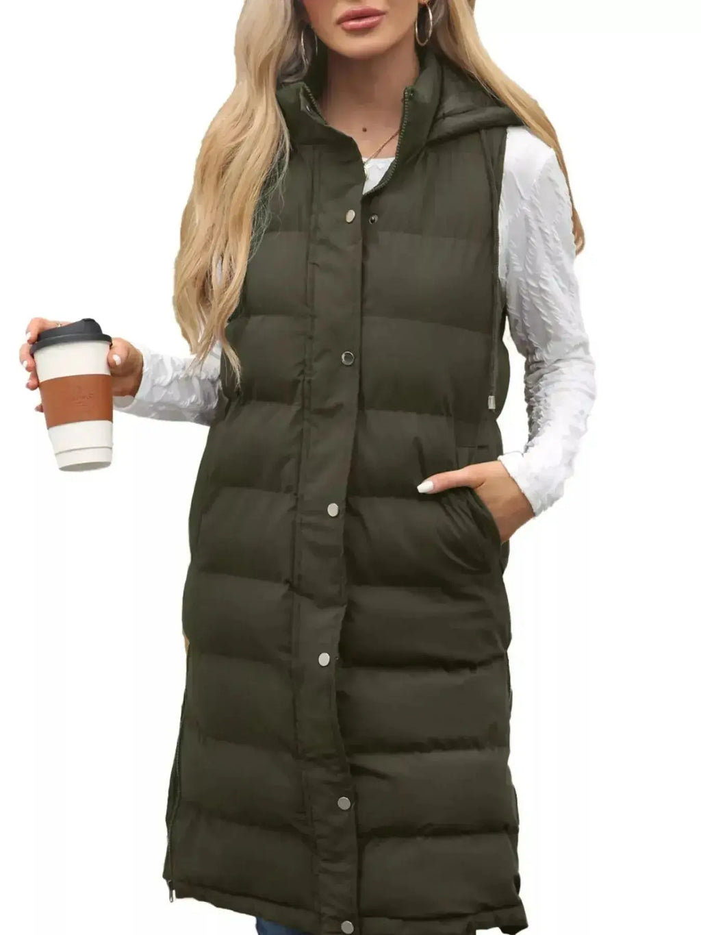 Women's longline padded hooded vest by Plush Fashion Hub, lightweight sleeveless jacket with snap-down hood and plush fabric.