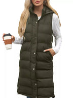 Women's longline padded hooded vest by Plush Fashion Hub, lightweight sleeveless jacket with snap-down hood and plush fabric.