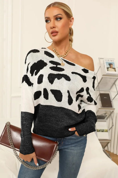 Full Size Two-Tone Boat Neck Sweater - Plush Fashion Hub
