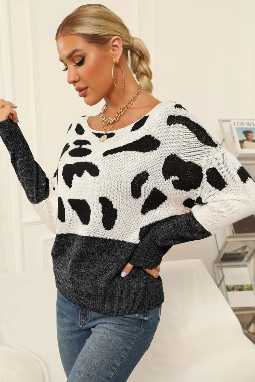 Full Size Two-Tone Boat Neck Sweater - Plush Fashion Hub