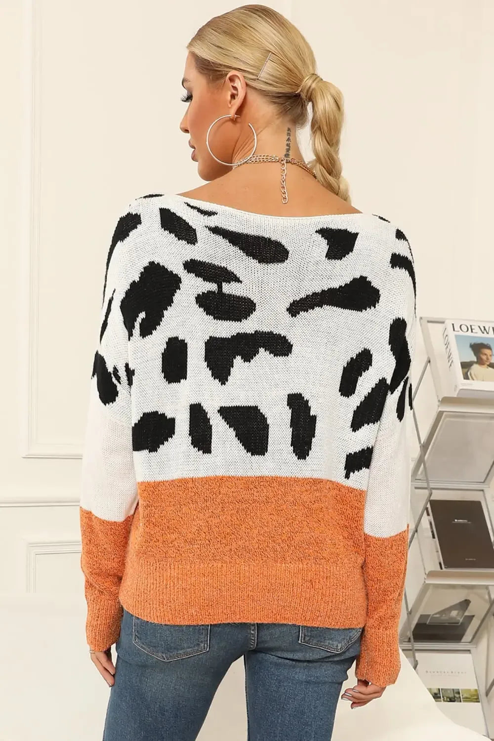 Full Size Two-Tone Boat Neck Sweater - Plush Fashion Hub